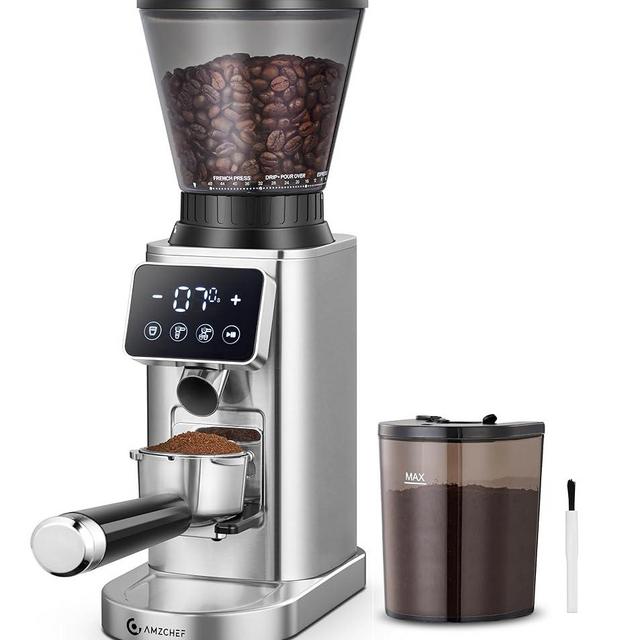 AMZCHEF Coffee Grinder, Burr Coffee Bean Grinder for Home Use with 48 Precise Grind Settings, Detachable Funnel Stand for Espresso, LED Control Panel, Anti-static Design, silver