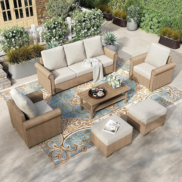 HERA'S HOUSE 6-Piece Patio Furniture Set, All Weather 7 Seats Outdoor Wicker Sofa with Ottomans, Rattan Patio Conversation Set with 5.5" Cushions and 44" Coffee Table, Beige