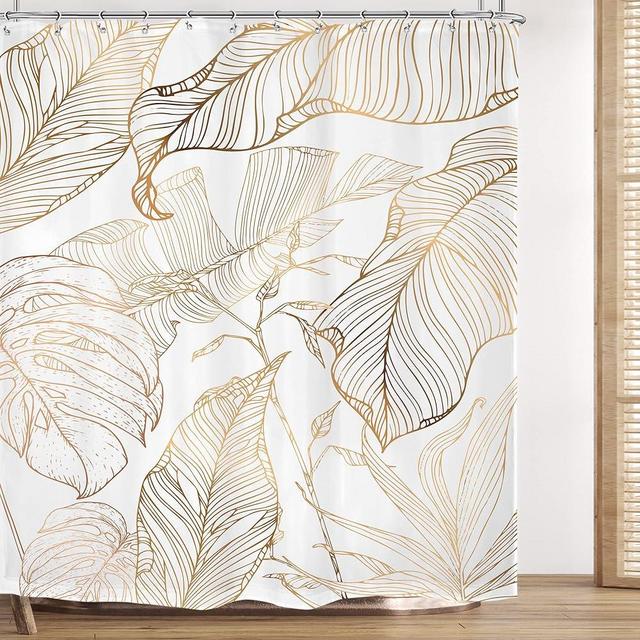 Omifly White Gold Tropical Leaves Shower Curtain 72Wx72H Inch Banana Leaf Palm Tree Bathroom Set Abstract Copper Botanical Nature with 12 Plastic Hooks Fabric Waterproof Toilet Accessories Decor