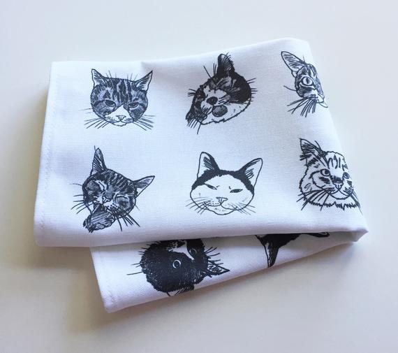 Cat Cotton Tea Towel - OUR HAIRY FRIENDS - White x Black