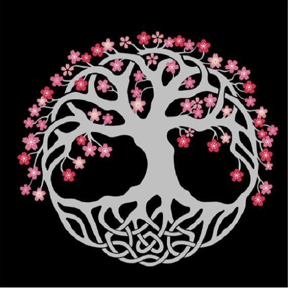 This is our way of integrating our two cultures. Jess's Celtic heritage (Tree of Life) and Aaron's Japanese lineage (Cherry Blossoms). It was designed by our groomsman Quinton Steckler.