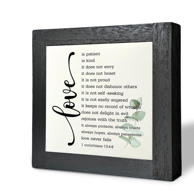 Bible Verse Corinthians 13:4-8 Box Sign, Love Never Fails, Wooden Plaque Gift Tabletop, Rustic Love Sign, Wood Block Plaque for Anniversary, Religious Home Decor, Couple Wedding Gift D1