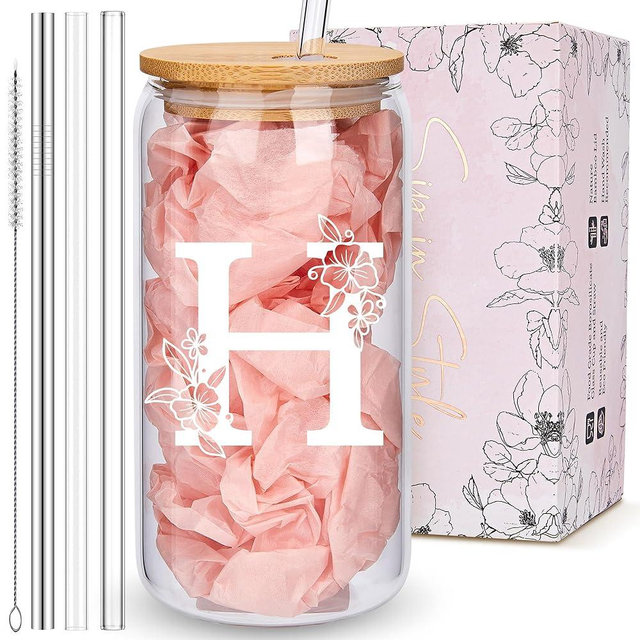 Personalized Tumbler, Monogrammed Can Glass Cups with Bamboo Lids and Straws, Customized Gifts for Women, Cute Design Initial Iced Coffee glasses, Custom Letter Mug, Birthday Bridesmaid, H