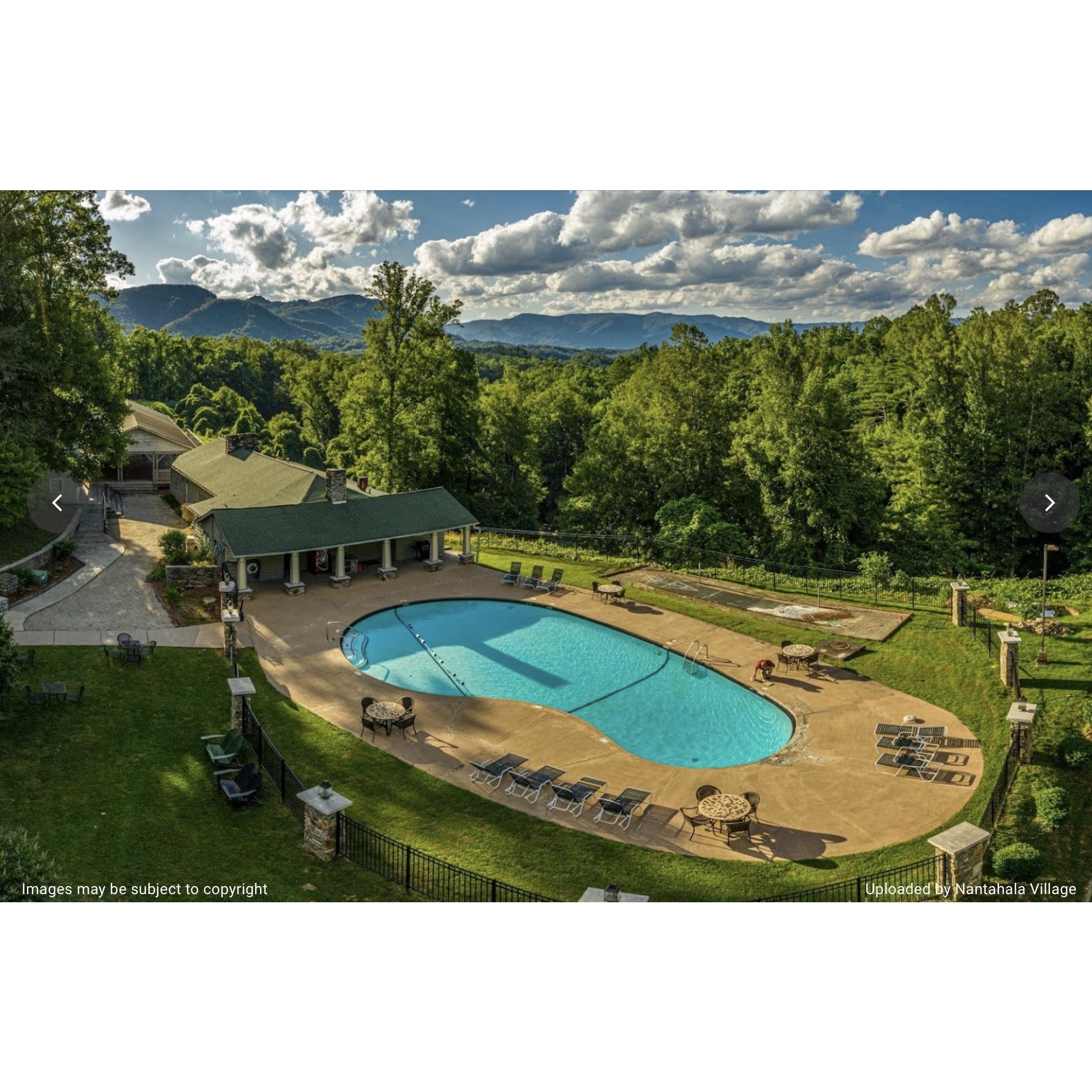 The pool and game room right adjacent to the reception venue overlooking the Smokey Mts in the Nantahala Gorge
