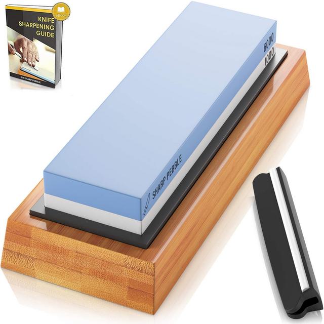 Sharp Pebble Premium Whetstone Knife Sharpening Stone 2 Side Grit 1000/6000 Waterstone | Best Whetstone Sharpener | NonSlip Bamboo Base Angle Guide