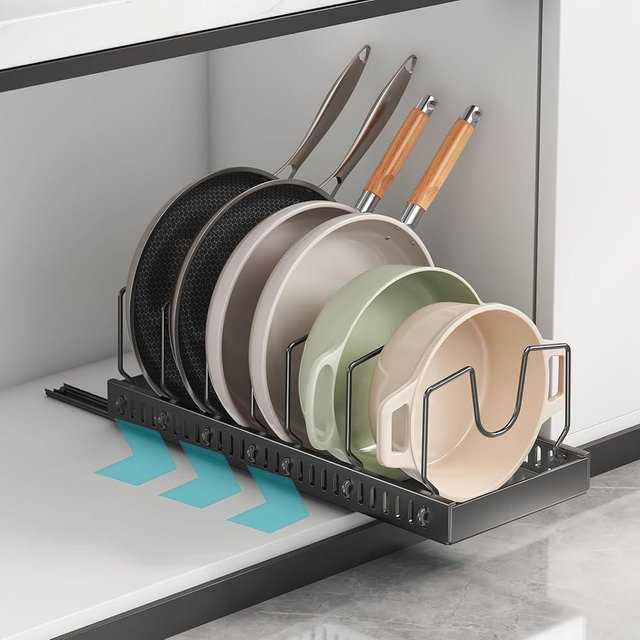 WOSHEN Pot Lid Organizer, Pull-out Pots and Pans Organizer, Under Cabinet Pot Lid Holder for Kitchen, Pots and Pans Storage with 8 Adjustable Dividers (Black, Sliding type)