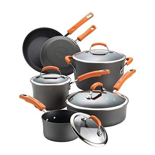 Rachael Ray 87375 Brights Hard Anodized Nonstick Cookware Pots and Pans Set, 10 Piece, Gray with Orange Handles