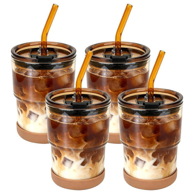 Zukro 13 oz Glass Iced Coffee Cups with Lid and Straw, Leak Proof Glass Tumbler for Ice Tea, Water, Non-Slip Silicone Bottom, Thick Wall Drinking Glasses for Home/Office, BPA Free, Amber 4 Pack