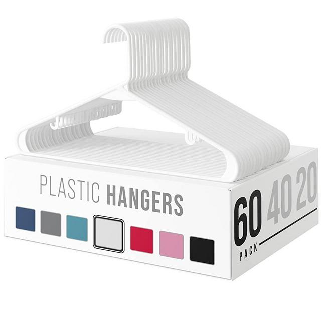 Plastic Clothes Hangers (20, 40, & 60 Packs) Heavy Duty Durable Coat and Clothes Hangers | Vibrant Color Hangers | Lightweight Space Saving Laundry Hangers (60 Pack - White)