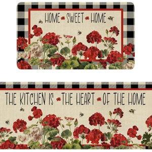 Spring Red Flowers Kitchen Rug and Mat, Set of 2
