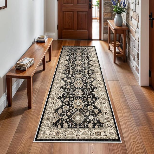Washable Hallway Runner Rug 2x6: Non Slip Runner Rugs with Rubber Backing Soft Kitchen Rug Farmhouse Distressed Carpet Runner for Living Room Bedroom Bathroom (Black/Green, 2X6)