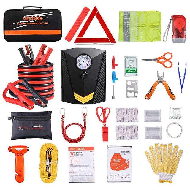 Car Roadside Emergency Kit with Jumper Cables, Auto Vehicle Safety Road Side Assistance Kits, Winter Car Kit for Women and Men, with Portable Air Compressor, First Aid Kit, Tow Rope, etc