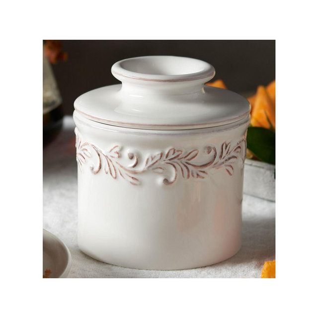 Butter Bell® Crock - White Linen Antique Ceramic Butter Keeper, Soft Neutral Butter Dish for Spreadable Butter Without Refrigeration