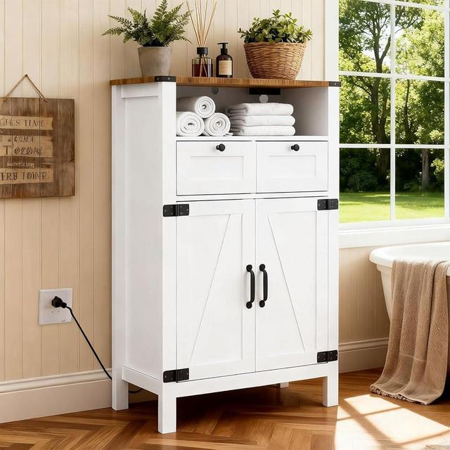 M METERXITY Bathroom Floor Cabinet with Outlets, Farmhouse White Cabinet with Doors, Drawer, Bathroom Storage Cabinet Hutch Cupboard Organizer for Kitchen Pantry, Laundry, Entryway, Rustic