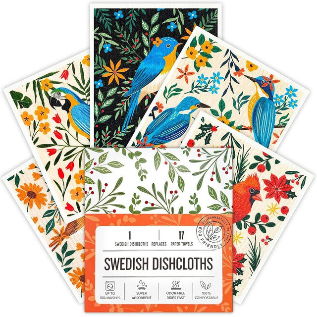 Augine Swedish Dishcloths for Kitchen, 5 Pack Reusable Paper Towels Washable, Super Absorbent Kitchen Towels, No Odor Dish Rags, Biodegradable, Quick Drying, Dishwasher Safe