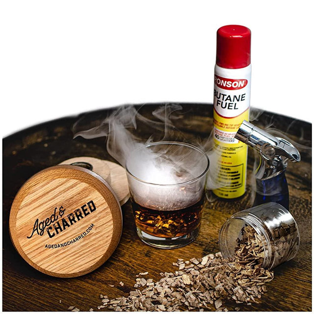 Cocktail Smoker Kit with Butane, Torch, Wood Chips for Whiskey and Bourbon - Aged and Charred Smoke Lid Drink Smoker for Smoke Infusion in Cocktails and Drinks - Gift for Whiskey Lover, Dad, Husband