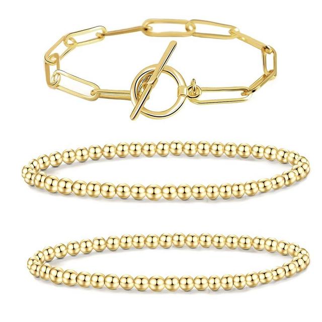 MOROTOLE 5PCS 14K Gold Plated Bracelets Set for Women Men Adjustable Hypoallergenic Stackable Stretch Bracelet Cuban Chunky Flat Link Chain Beaded Punk Gold Bracelets Jewelry Gifts for Women Girls