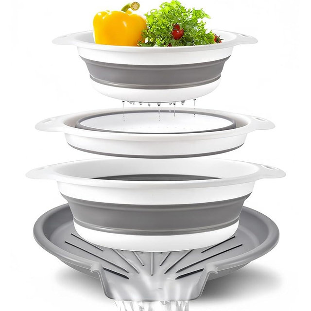 Collapsible Colanders Food Strainers, 3-Pack Foldable Kitchen Strainers with Over-Sink Water Draining Tray, Space Saving Kitchen Drainer for Vegetables, Fruit, Pasta and Rice (White-Gray)