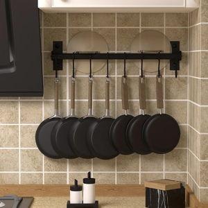 Dseap Kitchen Utensil Holder Hanger, Pot and Pan Rack Wall Mounted, Kitchen Rail with 8 Hooks for Hanging Cooking Utensils, Mugs, Spoons, Wall Mounted, Black