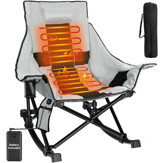Slendor Heated Rocking Chair, Oversized Heated Camping Chair w/ 3 Levels Heat for Back+Seat, Heated Rocking Camping Chair with 20000 mAh Power Bank, Pillow, Side Pocket, Padded, Carry Bag, Gray