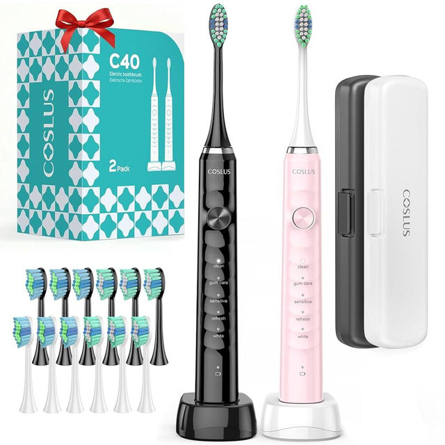 COSLUS C40 Sonic Electric Toothbrush for Adults: 47000 VPM for Deep Cleaning & Whitening with Travel Case - 5 Modes for Sensitive Teeth & Braces, Wireless Charging, 6 Brush Heads, Black & Pink (2PCS)