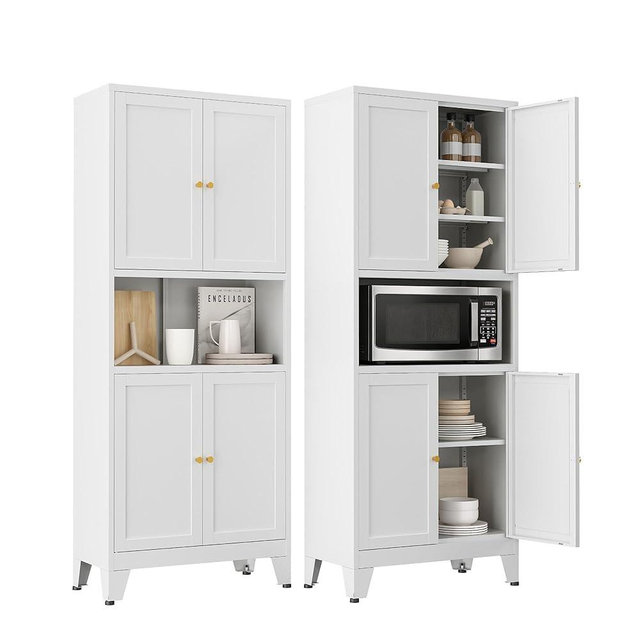 YNIQUESTLE 69" H Metal Pantry Cabinet with Microwave Stand,13.78“Deep By 28" Wide Kitchen Cabinet with Adjustable Shelves,Storage Cabinet for Kitchen Dining Room Living Room Bathroom,White 1 Pack