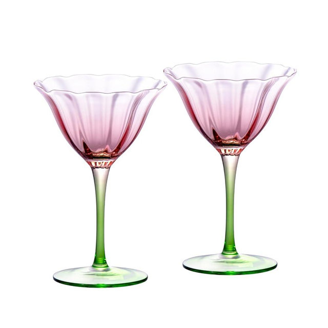 KAMMAK Martini Glasses Set of 2, 5.75 oz Clear Crystal Cocktail Glasses with Stem, Reusable Cocktail Glassware for Wedding Birthday Party, Bar, Margarita, Whiskey, Gin, Tequila, Pink-Green Martini