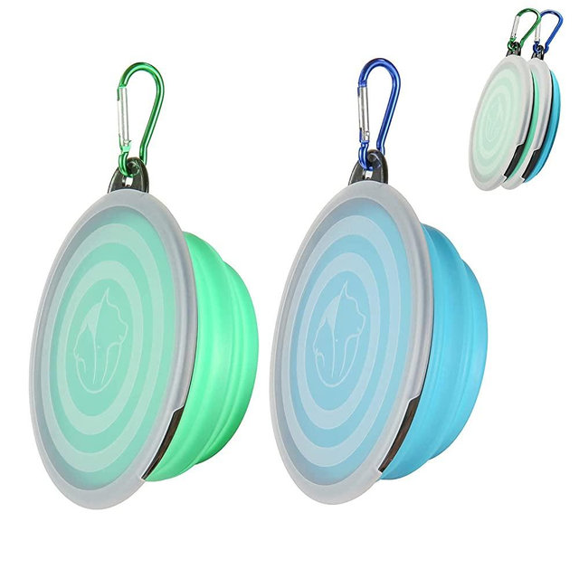 SLSON Collapsible Dog Bowls with Cover Lids,2 Pack Dog Travel Bowls Portable Foldable Cat Water Dish Bowl for Pets Walking Parking Camping,Light Blue and Green