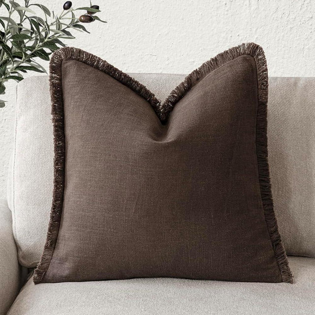 Foindtower Decorative Linen Fringe Throw Pillow Covers Cozy Boho Farmhouse Cushion Cover with Tassels Soft Accent Pillowcase for Chair Sofa Bed Living Room Home Decor, 26×26 Inch, 1PC,Reddish Brown