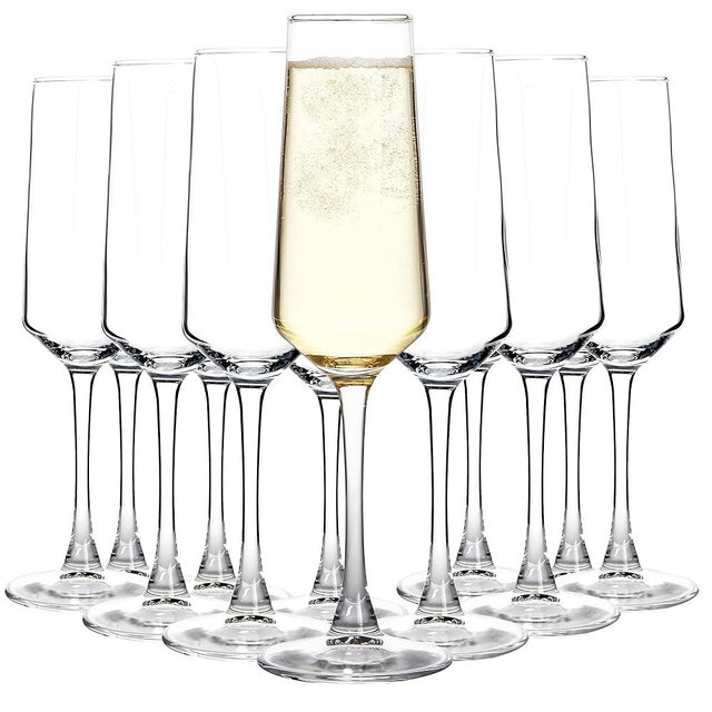 QOWOEO 12 Pieces Champagne Glasses, 8.5 OZ Elegant Champagne Flute with Long Stem, Perfect for Wine Tasting, Weddings, Parties, House Warming, Clear