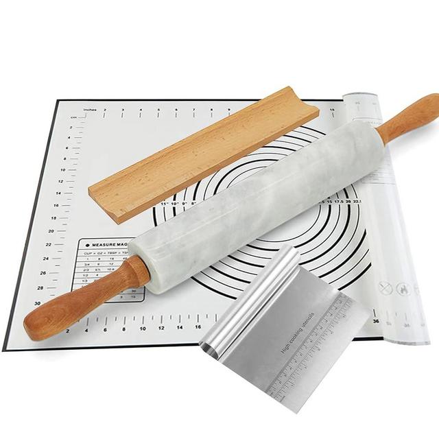 Nonstick Marble Rolling Pin with Wooden Handles and Wooden Resting Base-Ideal for Dough-Pastry Bread Tortillas and Pizza-Essential Baking and Kitchen Tool