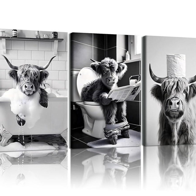 3pcs Funny Bathroom Canvas Wall Art Highland Cattle Wall Decor Paintings Black and White Animal Pictures Reading Newspaper Print Posters Rustic Vintage Farmhouse Bathroom and Toilet Decor 12X16 Inch