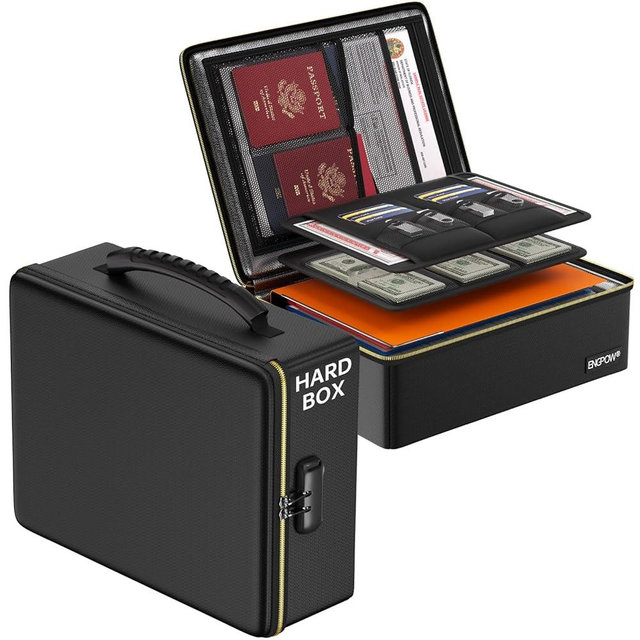 ENGPOW Fireproof Document Box with Lock, Fireproof Water Resistant Heat Insulated Safe Box Hard Case with Fireproof Zipper, Portable Home Office Travel File Organizer for Important Documents and More