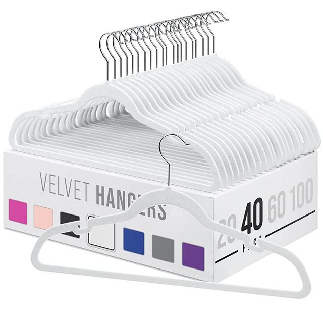 Velvet Clothes Hangers (20, 40, 60, 100 Packs) Heavy Duty Durable Coat and Clothes Hangers | Vibrant Color Hangers | Lightweight Space Saving Laundry Hangers (40 Pack - White)