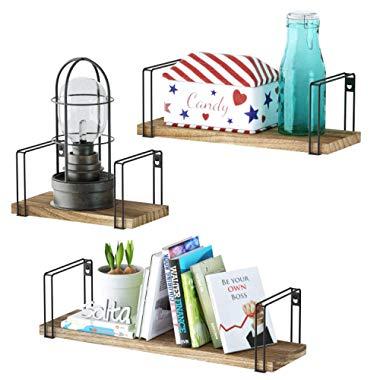 SRIWATANA Rustic Floating Shelves, Wood Wall Shelves Set of 3, Wall Mounted Storage Shelves for Bedroom, Living Room, Kitchen, Bathroom