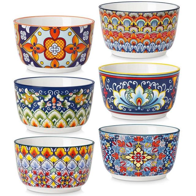 vancasso 8 Oz Ramekins Oven Safe Set of 6, Bohemian Creme Brulee Ramekins, Colorful Souffle Dishes, Pudding Custard Cups for Baking, Small Ceramic Bowls for Snacks, Ice Cream