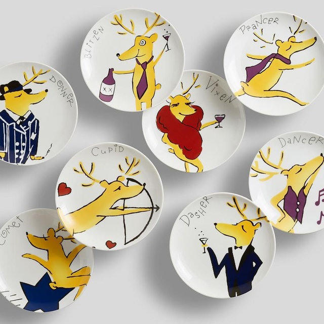 Santa's Reindeer Porcelain Appetizer Plates, Set of 8