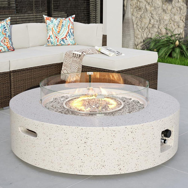 COSIEST Outdoor Propane Fire Pit Coffee Table w Terrazzo White 40.5-inch Round Base Patio Heater, 50,000 BTU Stainless Steel Burner, Wind Guard, Transparent Gray Fire Glass, Rain Cover