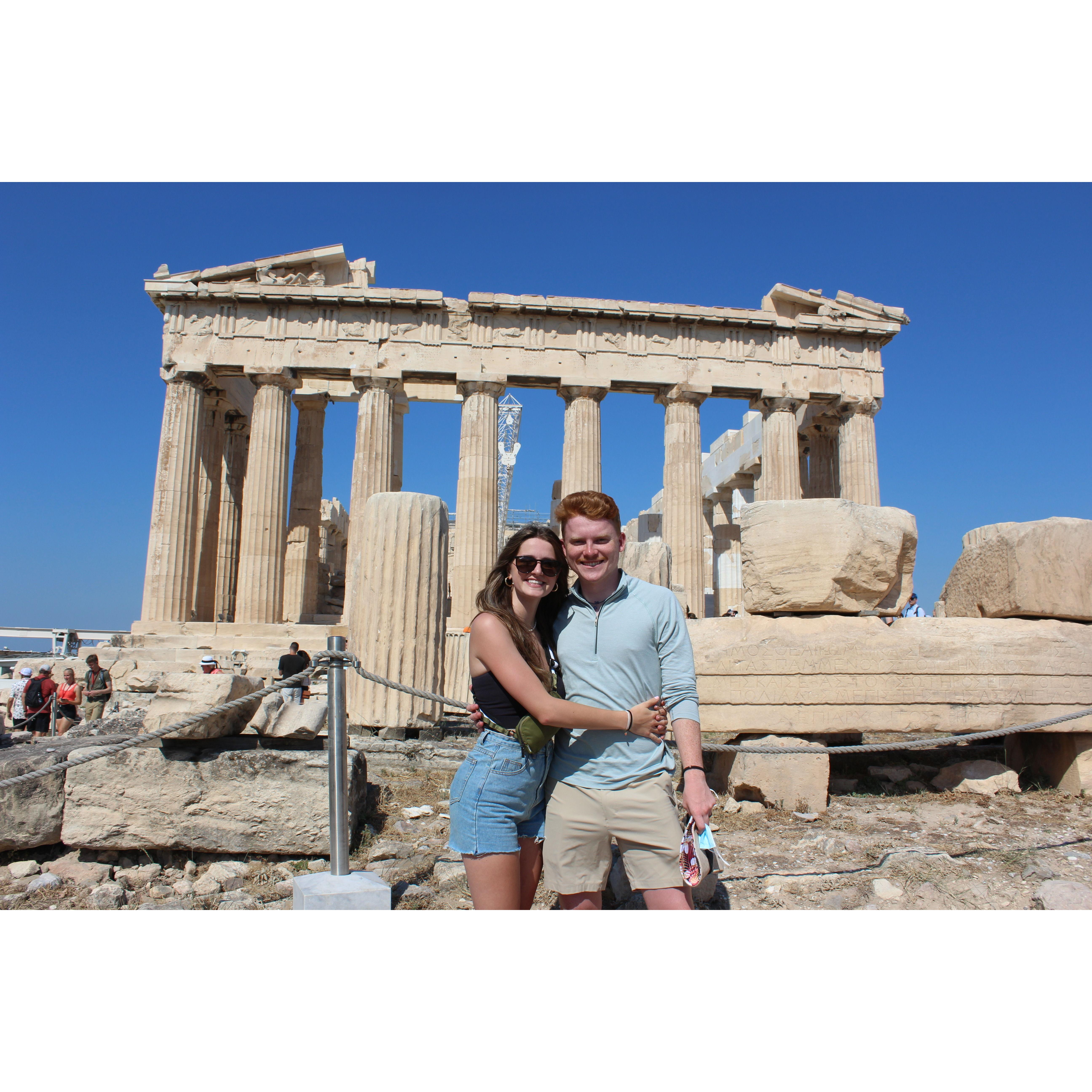 Standing in front of the Parthenon (this trip was Richie's first time out of the country)!