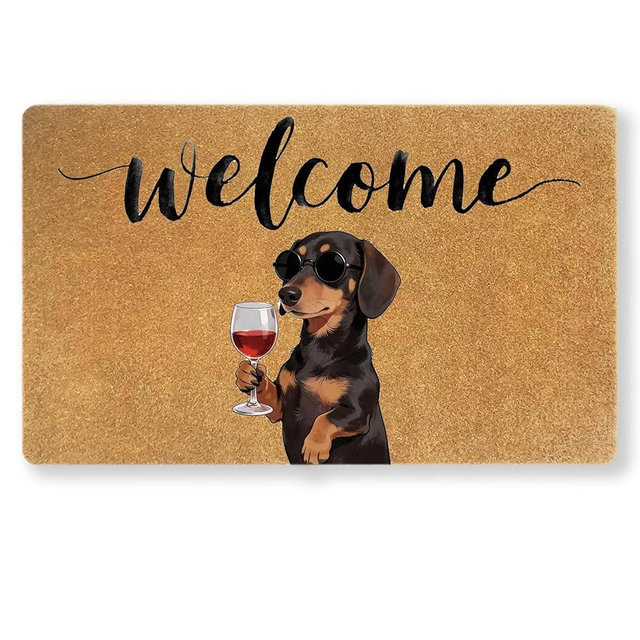 GGED Welcome Dachshund Wine Door Mat 30x17″ – Cute Dog Faux Coir Non-Slip Welcome Mat for Indoor & Outdoor Entry, Durable Dirt-Trapping Rug
