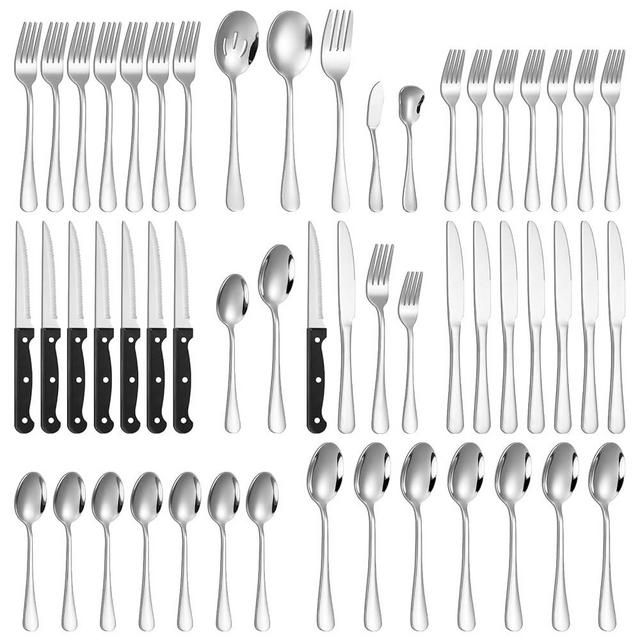 53 Pcs Silverware Set with Steak Knives for 8 and 5 Pcs Serving Utensils Set, Mirror Polished Flatware Set, Stainless Steel Cutlery Set For Home Kitchen Restaurant Hotel,Dishwasher Safe