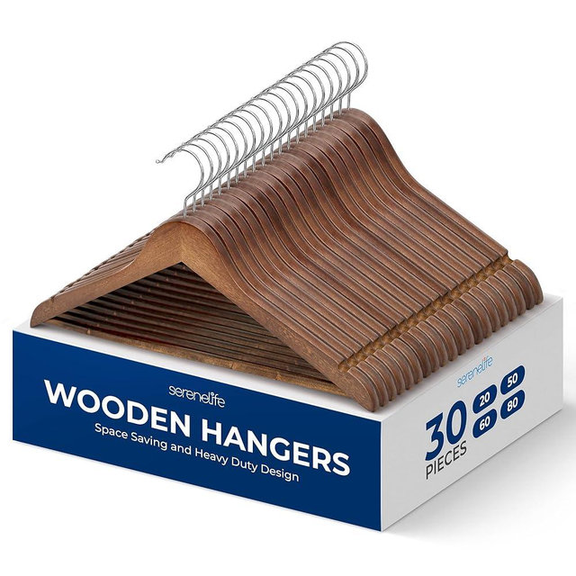 SereneLife 30 Pack Wooden Clothes Hangers – Heavy Duty Wood with Non-Slip Notches, 360° Swivel Chrome Hook & Pants Bar – Vintage Finish Suit Coat Hangers for Closet Organization