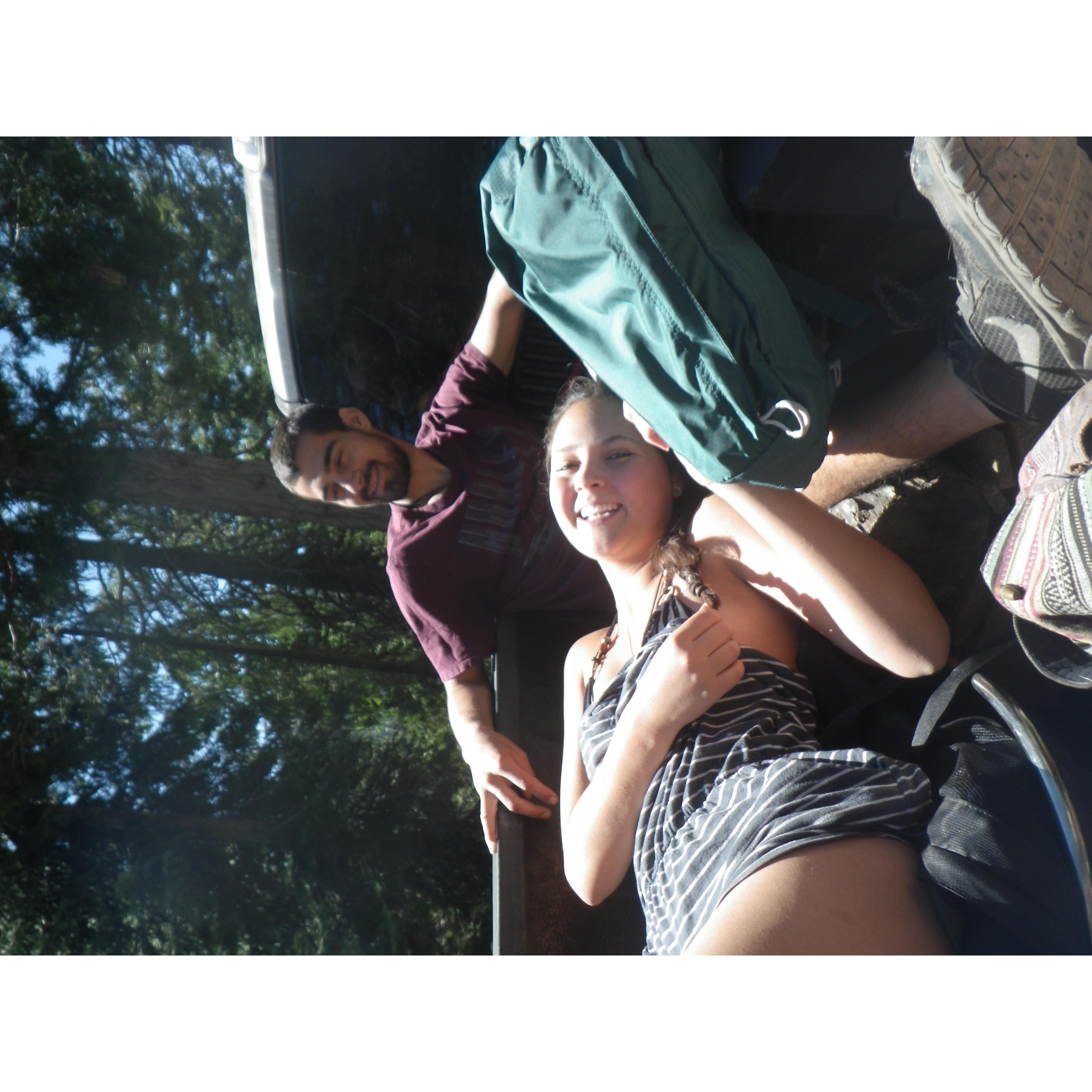 Safely riding in the bed of a truck in Mount Shasta Forest