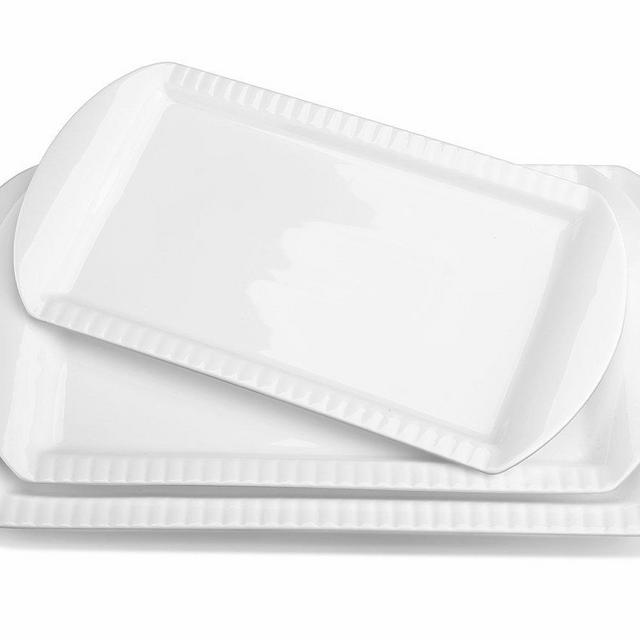 Lifver 15-inch Porcelain Embossed Rectangular Platter/Serving Plates, Set of 3, White, 15 inch