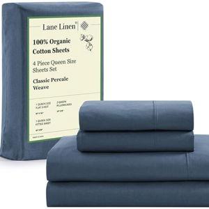 LANE LINEN Eco Friendly 100% Organic Cotton Bed Sheets Queen Size, Soft & Comfy Percale Weave, Fully Elasticized Mercerized Naturally Cooling Cotton Sheets Queen Size Set- Navy