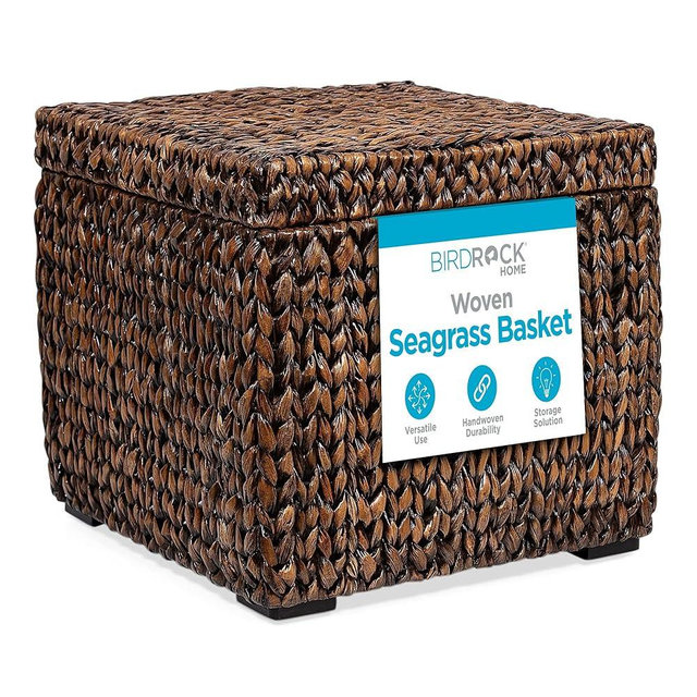 BIRDROCK HOME Seagrass Storage Cube Box with Lid - Decorative Seagrass Basket, Hand Woven Storage Basket for Blankets, Pillows, and More, Sturdy Metal Frame, Woven Organizer - Brown Wash