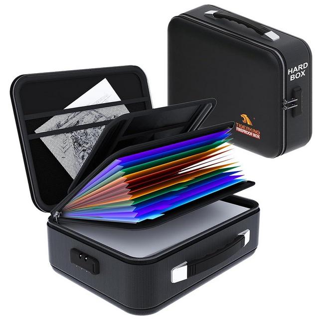 TIGERKING Fire Proof Document Safe Box with Lock and Handle – Fireproof Document Box Organizer with Hard Shell, Portable Fireproof Safe for Home Documents, Certificates, Laptop, and File Storage-Black