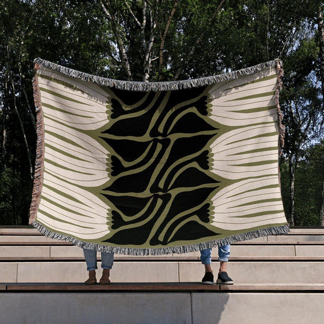 Abstract Floral Woven Cotton Blanket – Olive Green, Black & White