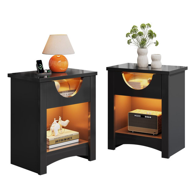 Bestier Nightstands Set of 2 with Charging Station, Modern LED End Table Bedside Table with Drawer for Bedroom & Living Room, Glossy Black