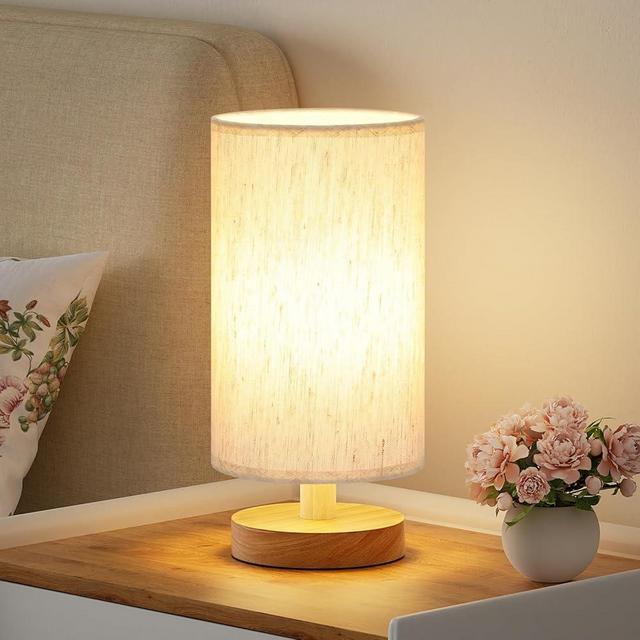 Fenmzee Small Table Lamp for Bedroom - Inline Control, Bedside Lamp with 3000K A15 LED Blub, Easy Assembly (Cream Shade - Wood Base, 9" Inline Control)